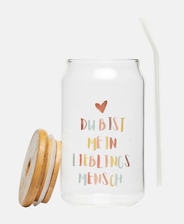 Trinkglas mit Deckel und Trinkhalm